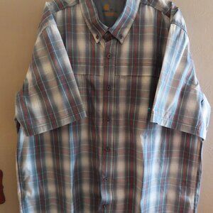 Carhartt Relaxed Fit Men's Short Sleeve Shirt; Buttons; Plaid; Grey/Red; 2XL